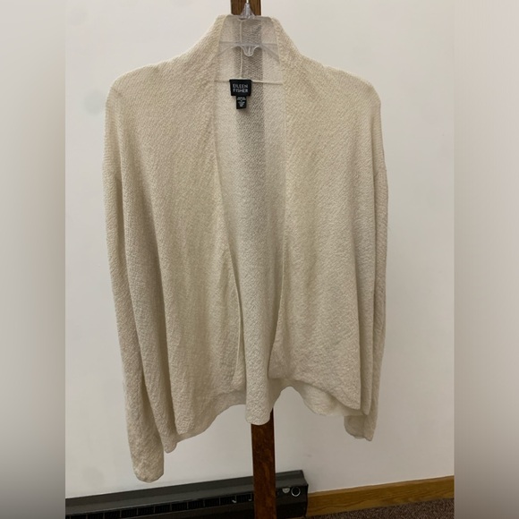 Women's Medium Ivory Cream Wool Crepe Eileen Fisher Open Front Cardigan Top - Picture 7 of 14